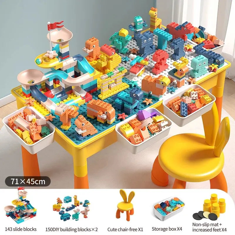 5-in-1 Kids Activity Table with Chair & 143pc Marble Run Building Blocks – Water Play, Sensory Table, STEM Learning Desk for Ages 3+