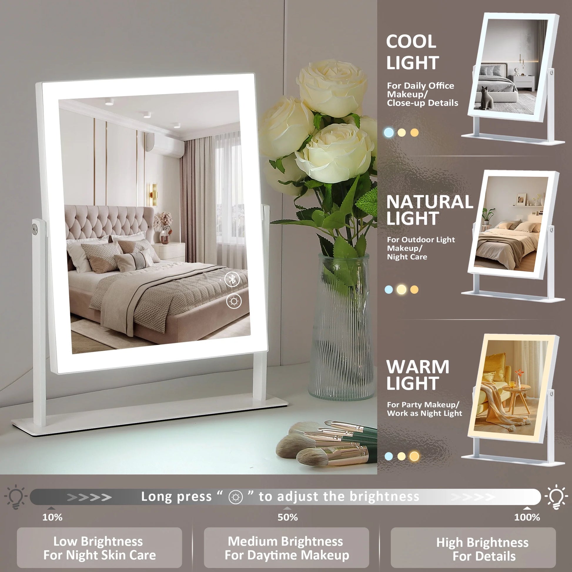 Fenchilin Vanity Makeup Mirror with Lights and Bluetooth – 3 Light Modes, 10X Magnification, LED Hollywood Tabletop Mirror for Flawless Beauty Routine