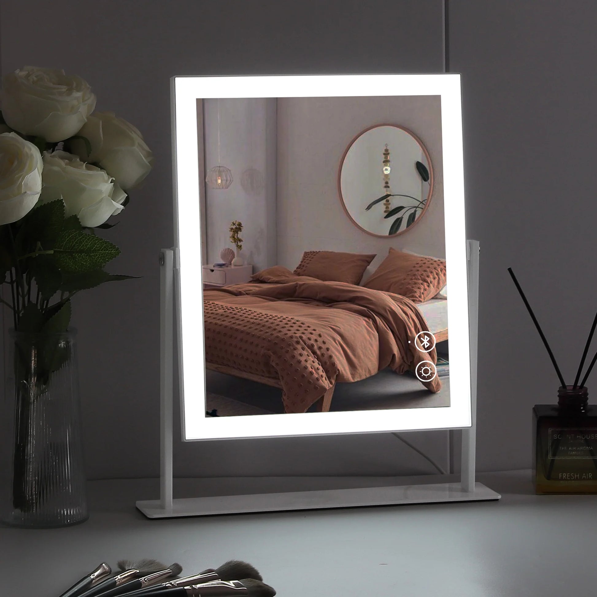 Fenchilin Vanity Makeup Mirror with Lights and Bluetooth – 3 Light Modes, 10X Magnification, LED Hollywood Tabletop Mirror for Flawless Beauty Routine