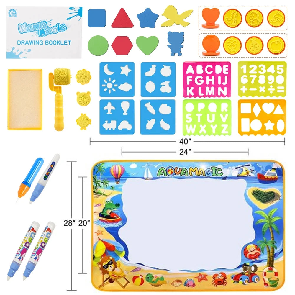 GPED Large Water Drawing Mat 40x32in – Reusable Aqua Magic Doodle Mat for Kids, Mess Free Learning Toy with Pens & Stencils – Educational Gift for Toddlers Ages 3-6  