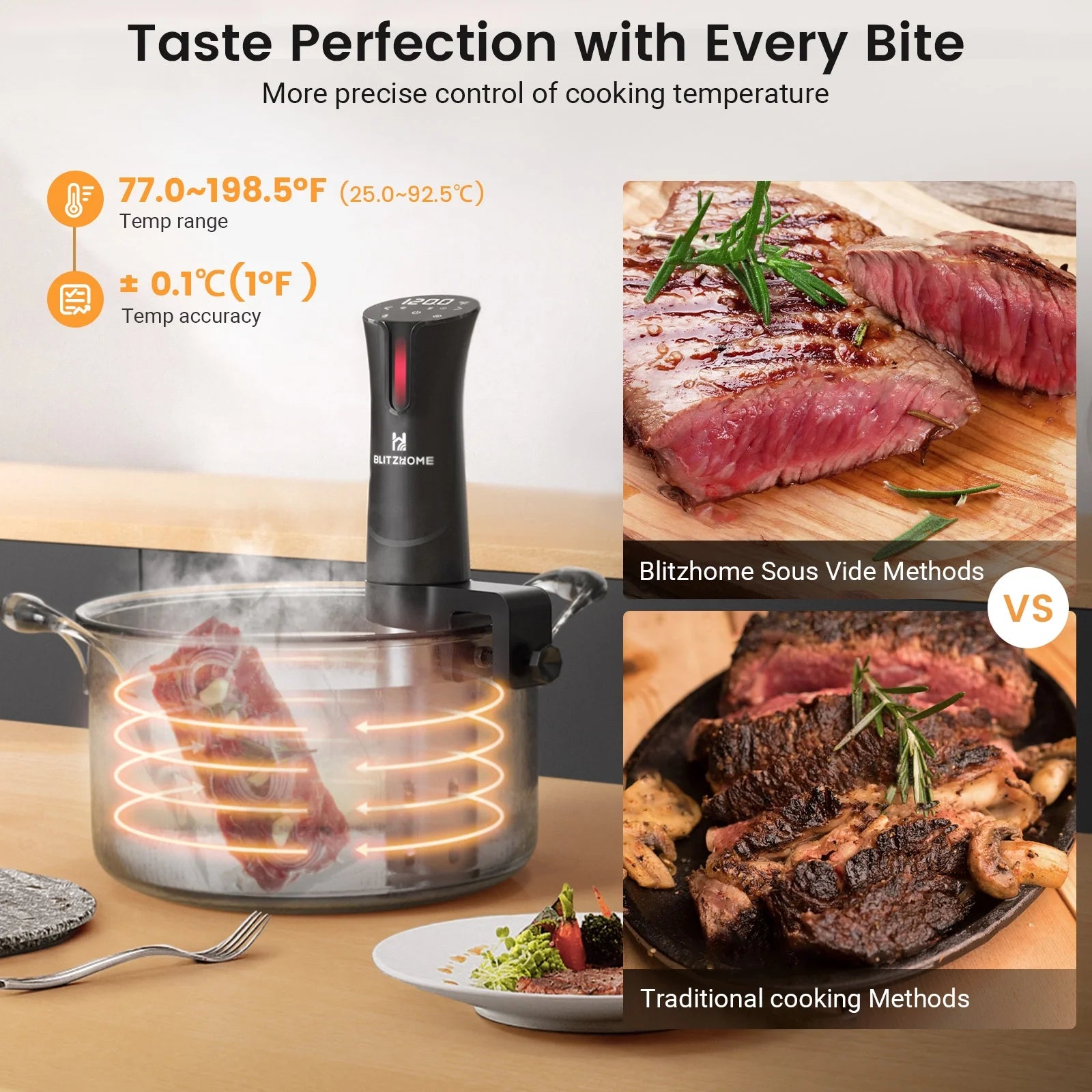 BlitzHome WIFI Sous Vide Cooker 1100W - Precision Immersion Circulator with App Control & Fast Heating