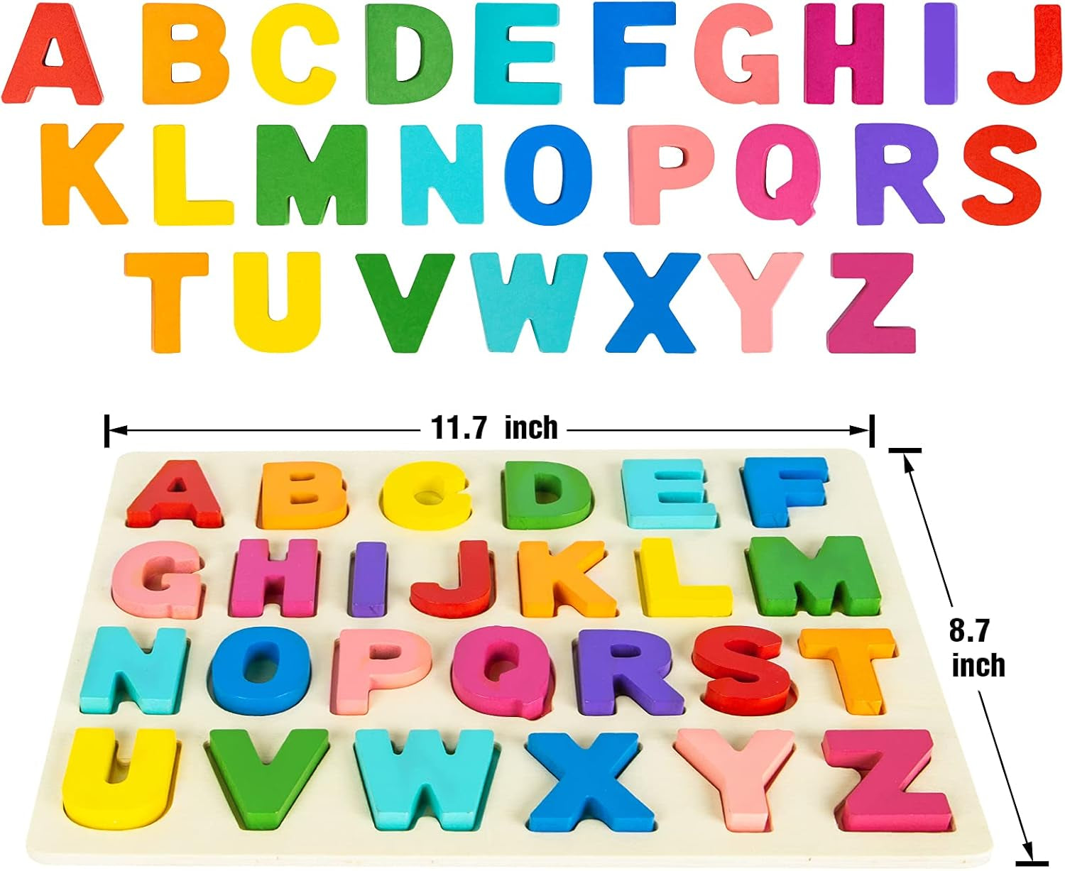 Alphabet Puzzle Wooden Learning Board for Toddlers Ages 3-5, ABC Shape Matching Puzzle with Letter Blocks, Montessori Preschool Educational Toy for Boys & Girls