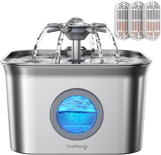 Premium Stainless Steel Pet Water Fountain 2.8L – Ultra Quiet 20dB, 4 Stage Filtration, LED Water-Level Window, Dishwasher Safe Automatic Drinking Fountain for Cats & Small Dogs