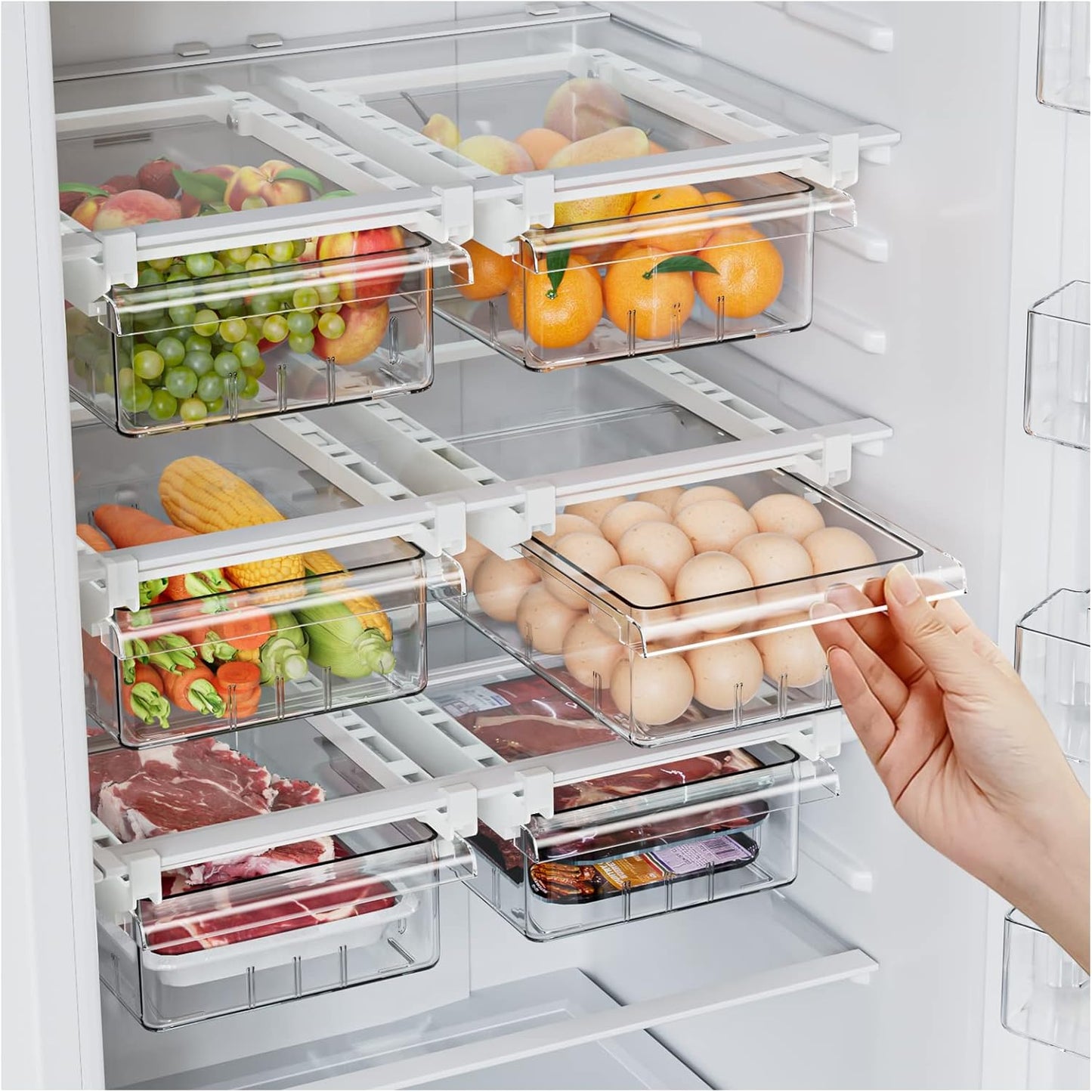 SNSLXH 2 Pack Refrigerator Drawer Organizer – Pull-Out Transparent Fridge Storage Drawers for Eggs, Fruit, Veggies, Meat & Seafood – Fits All Fridge Shelves Under 0.6''
