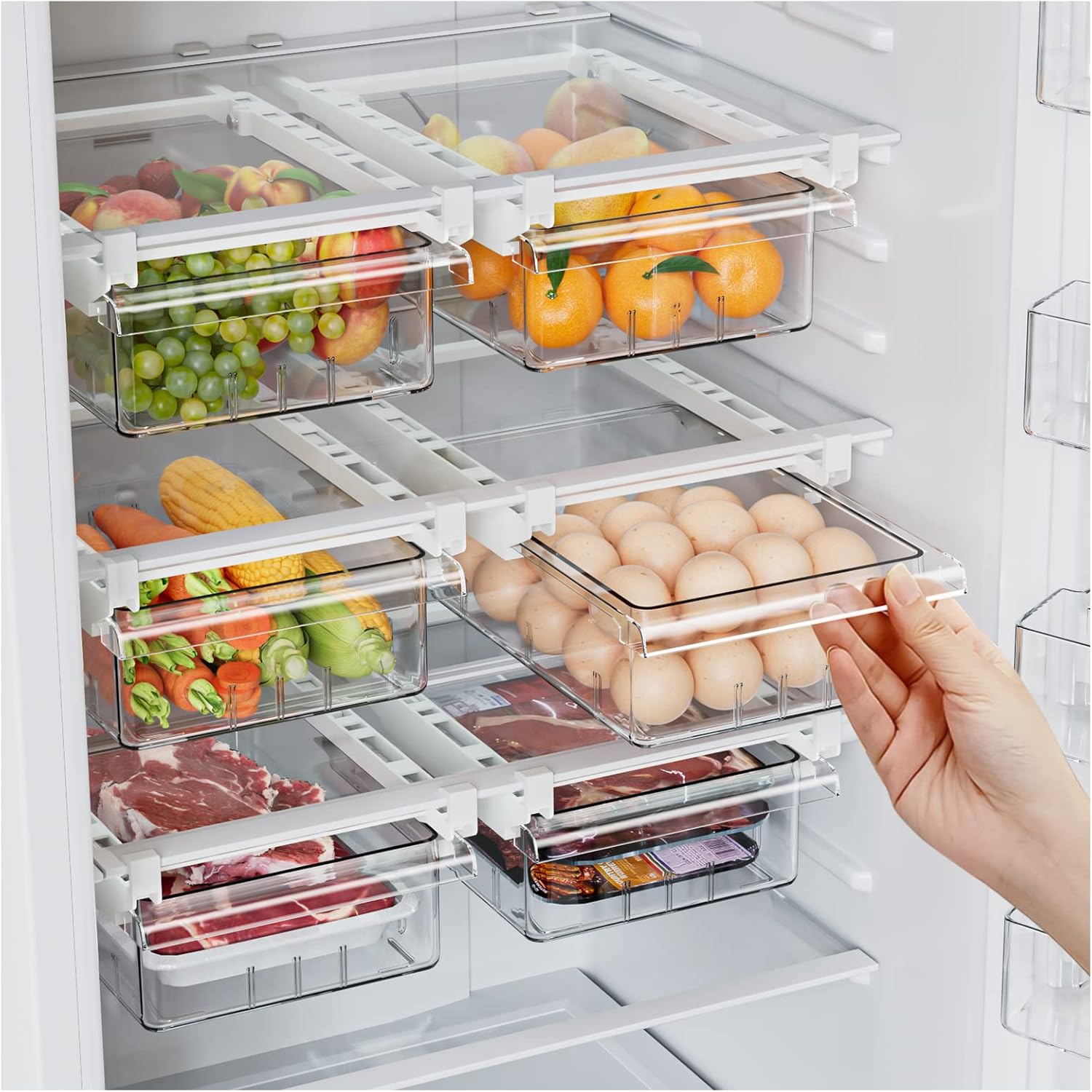 SNSLXH 2 Pack Refrigerator Drawer Organizer – Pull-Out Transparent Fridge Storage Drawers for Eggs, Fruit, Veggies, Meat & Seafood – Fits All Fridge Shelves Under 0.6''