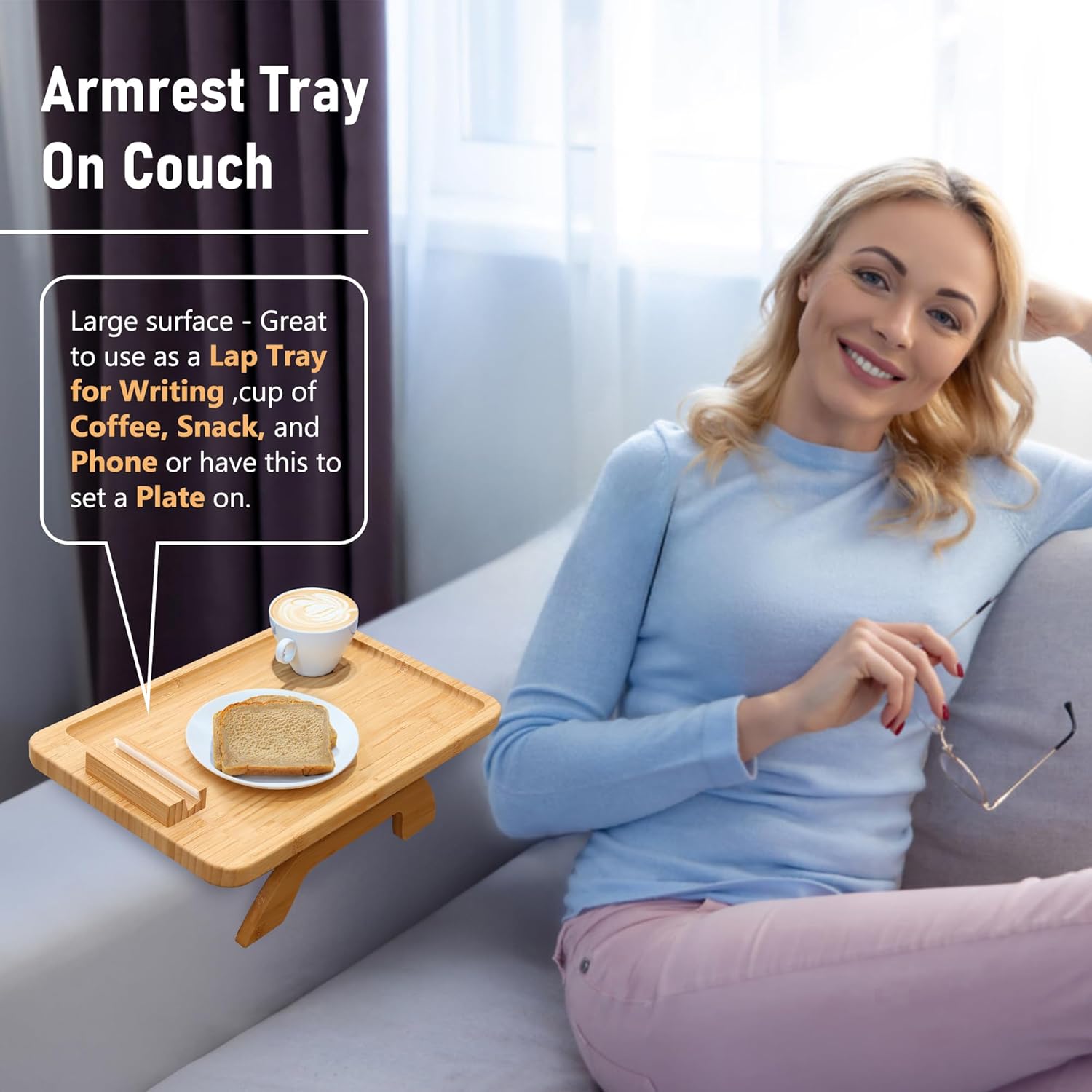 Premium Bamboo Couch Arm Tray with 360° Phone Holder – The Smart Way to Relax in Comfort