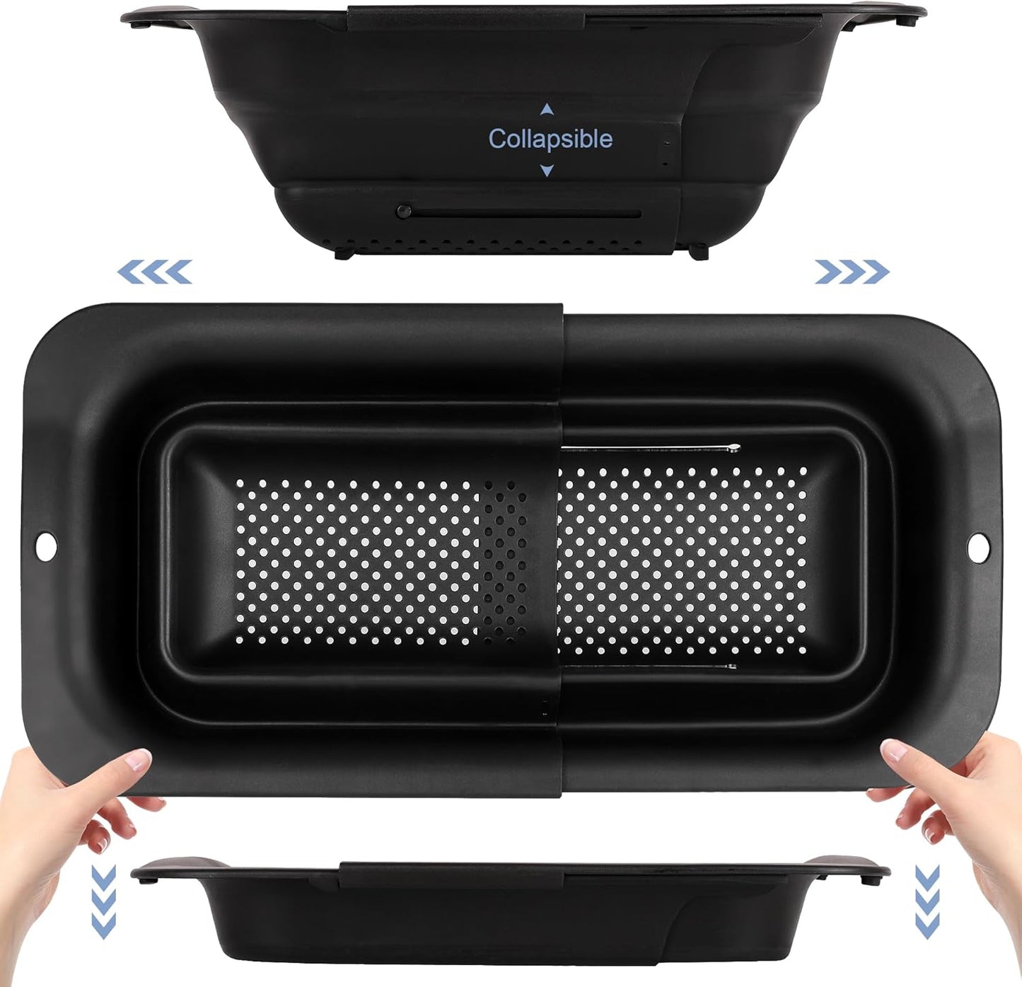 ROTTOGOON 7Qt Collapsible Over-the-Sink Colander – Expandable Adjustable Silicone Strainer Basket for Washing Vegetables, Fruit, Pasta, 15" to 19" – Black