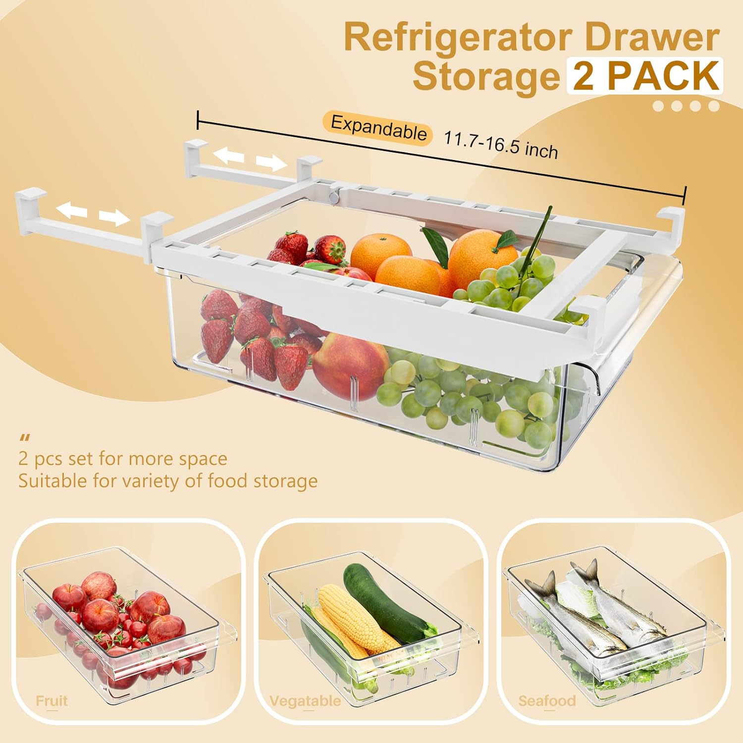 SNSLXH 2 Pack Refrigerator Drawer Organizer – Pull-Out Transparent Fridge Storage Drawers for Eggs, Fruit, Veggies, Meat & Seafood – Fits All Fridge Shelves Under 0.6''