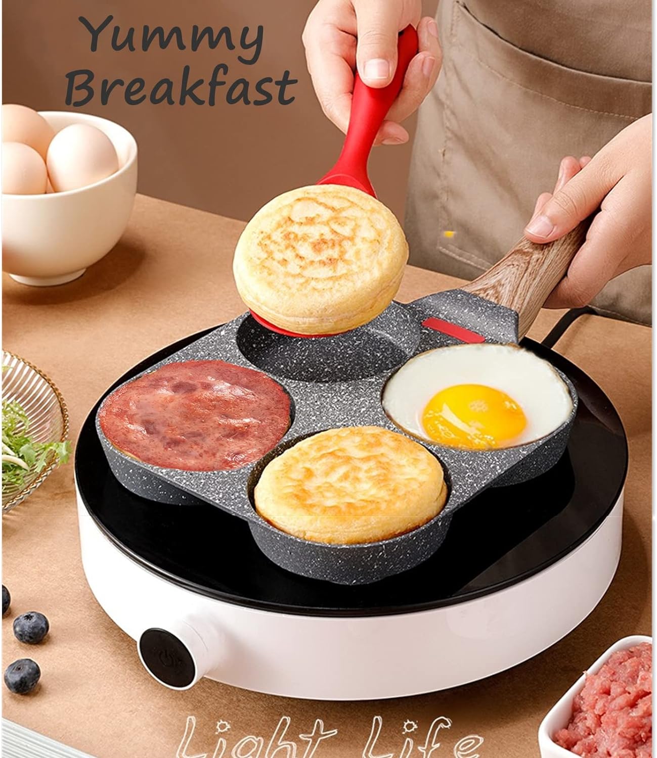 4-Cup Nonstick Egg Frying Pan – Granite Breakfast Skillet for Eggs, Pancakes, Mini Burgers & Crepes – Compatible with Gas, Electric and Induction Cooktops