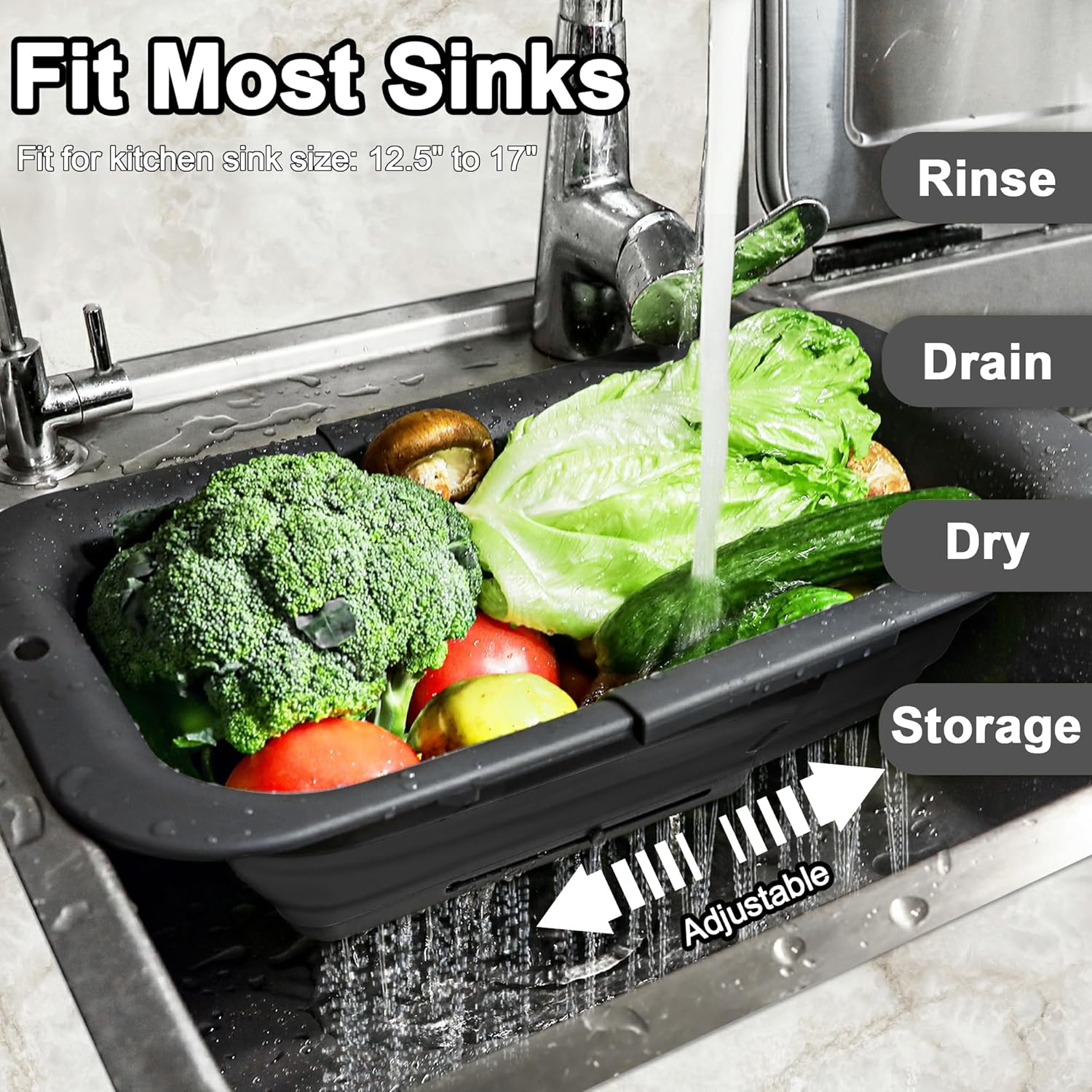 ROTTOGOON 7Qt Collapsible Over-the-Sink Colander – Expandable Adjustable Silicone Strainer Basket for Washing Vegetables, Fruit, Pasta, 15" to 19" – Black