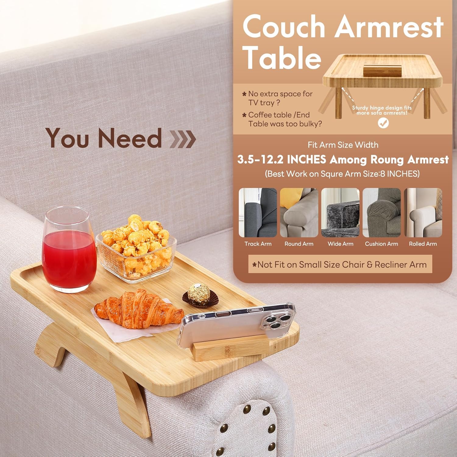 Premium Bamboo Couch Arm Tray with 360° Phone Holder – The Smart Way to Relax in Comfort