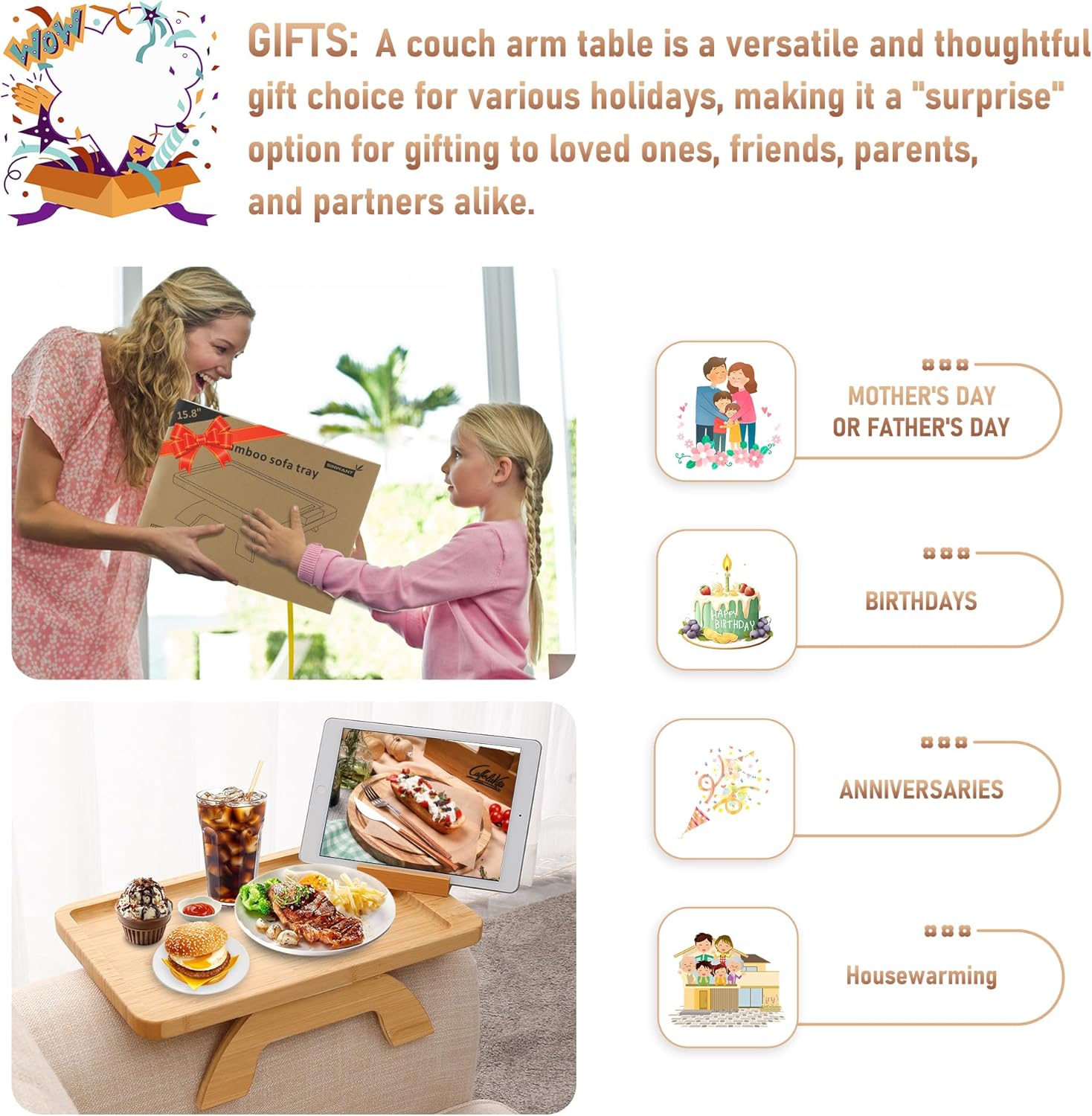 Premium Bamboo Couch Arm Tray with 360° Phone Holder – The Smart Way to Relax in Comfort