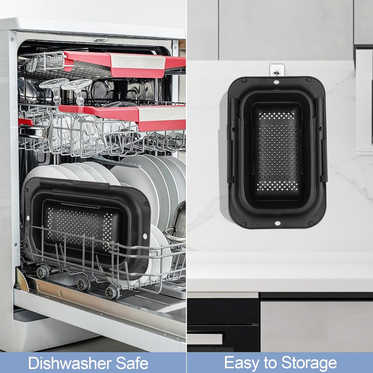 ROTTOGOON 7Qt Collapsible Over-the-Sink Colander – Expandable Adjustable Silicone Strainer Basket for Washing Vegetables, Fruit, Pasta, 15" to 19" – Black