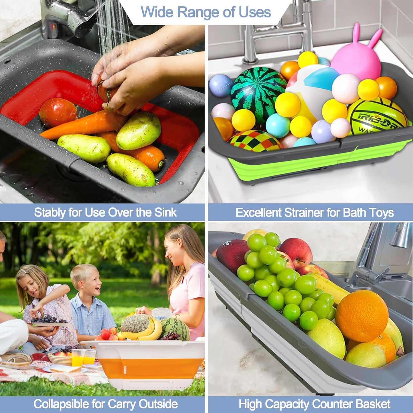 ROTTOGOON 7Qt Collapsible Over-the-Sink Colander – Expandable Adjustable Silicone Strainer Basket for Washing Vegetables, Fruit, Pasta, 15" to 19" – Black