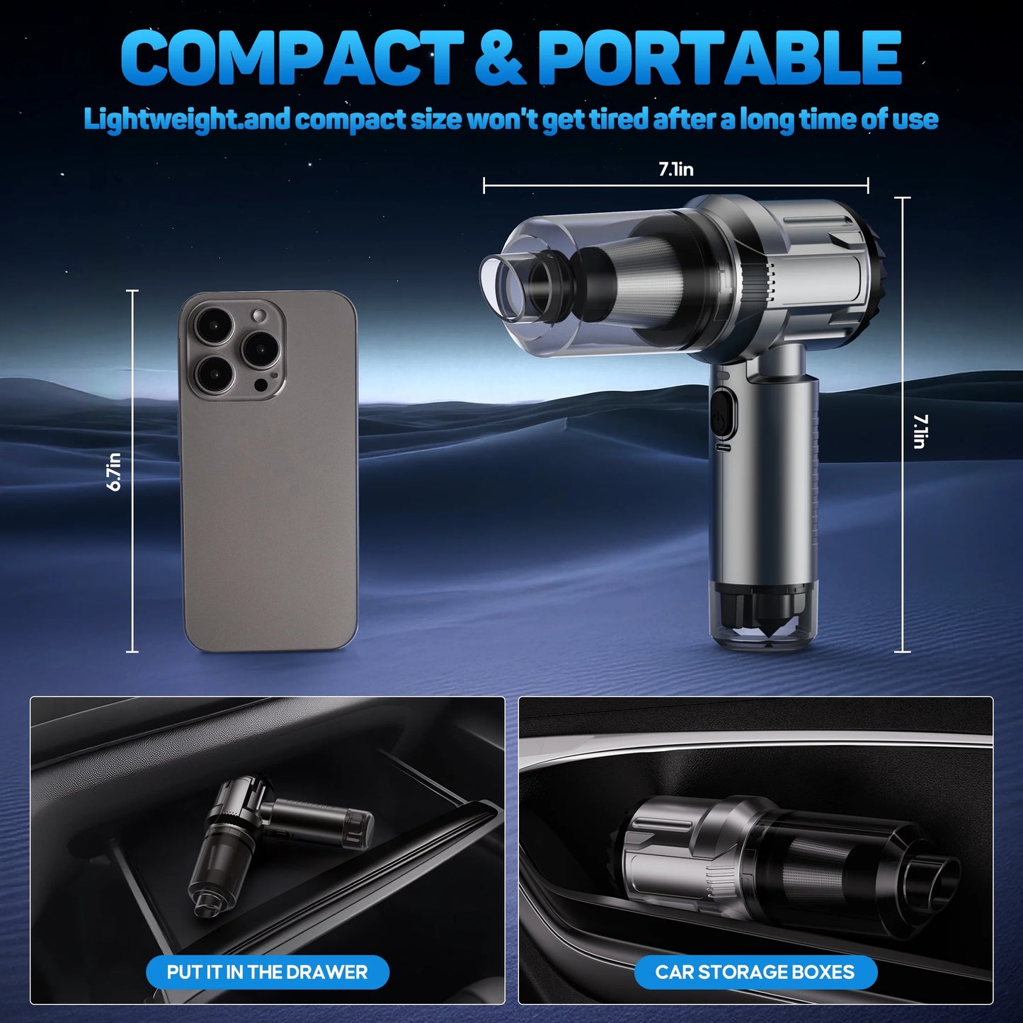 Cordless 15,000Pa Car Vacuum – 3-in-1 Portable Cleaner
