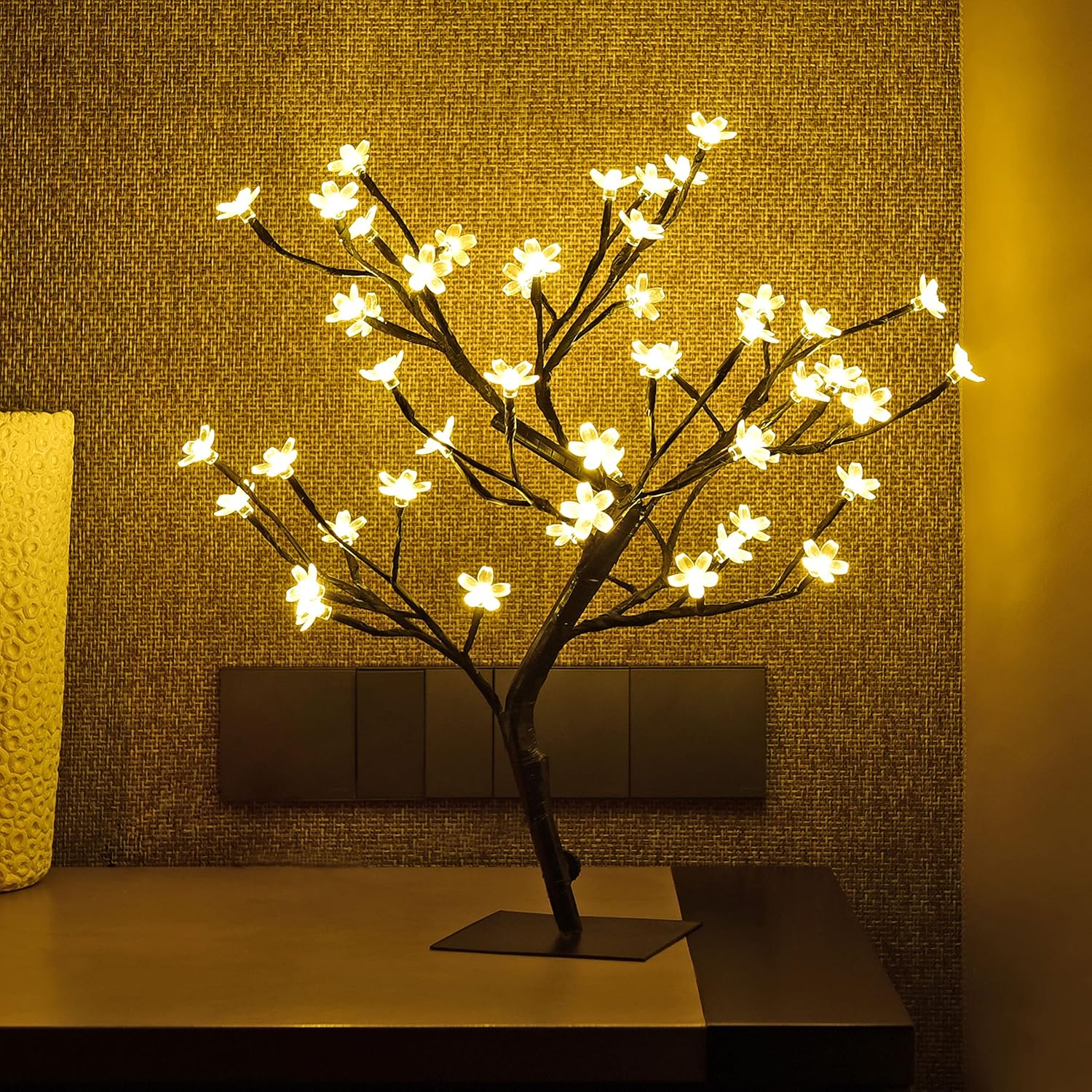 Cherry Blossom LED Bonsai Tree Light - 18’’ Warm White Decorative Lamp with 48 LEDs, Adjustable Branches, Metal Base, Night Light for Bedroom, Living Room & Gifts