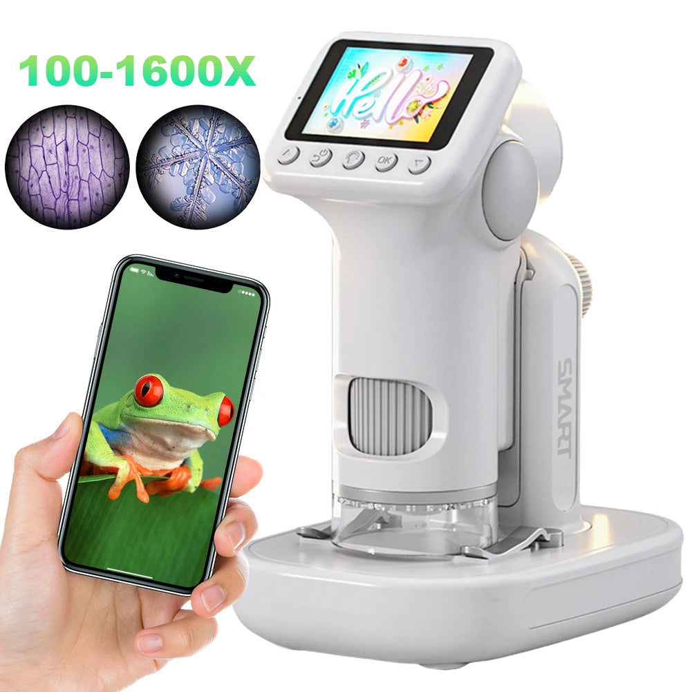 Kids Digital Microscope 100–1600X with 2 Inch HD Screen – Portable Handheld STEM Science Microscope with LED Light, Photo & Video Recording, Educational Gift for Boys & Girls