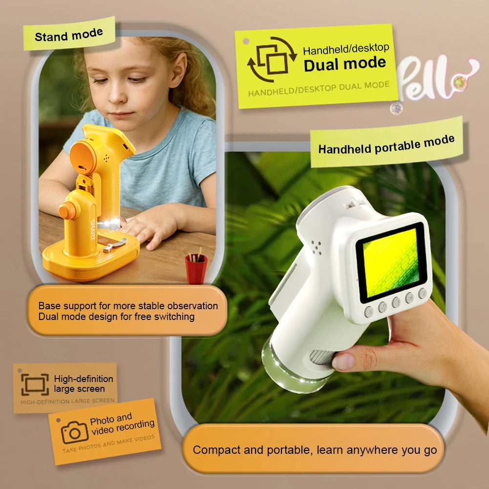 Kids Digital Microscope 100–1600X with 2 Inch HD Screen – Portable Handheld STEM Science Microscope with LED Light, Photo & Video Recording, Educational Gift for Boys & Girls