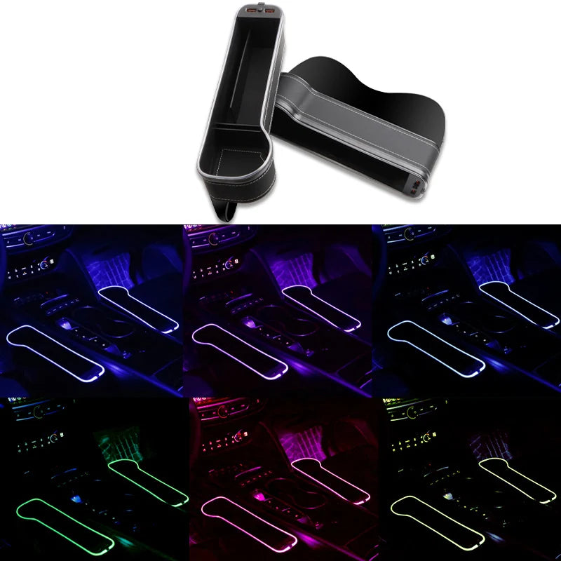Car Seat Gap Filler With LED Cup Holder & Dual USB Fast Charge – 7-Color Ambient Light Storage Organizer