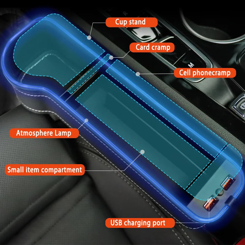 Car Seat Gap Filler With LED Cup Holder & Dual USB Fast Charge – 7-Color Ambient Light Storage Organizer