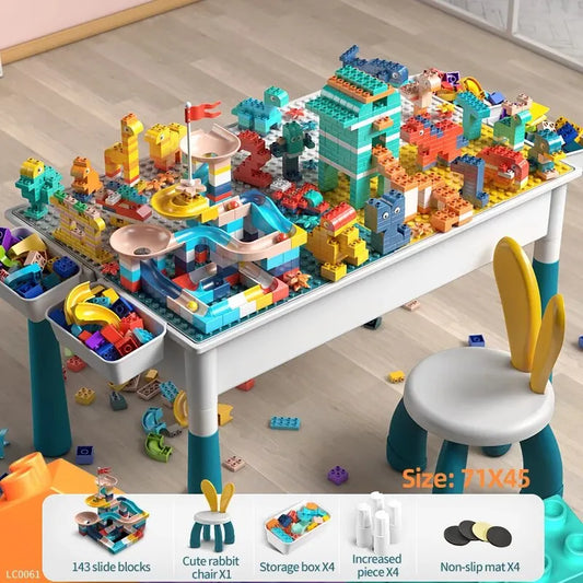 5-in-1 Kids Activity Table with Chair & 143pc Marble Run Building Blocks – Water Play, Sensory Table, STEM Learning Desk for Ages 3+