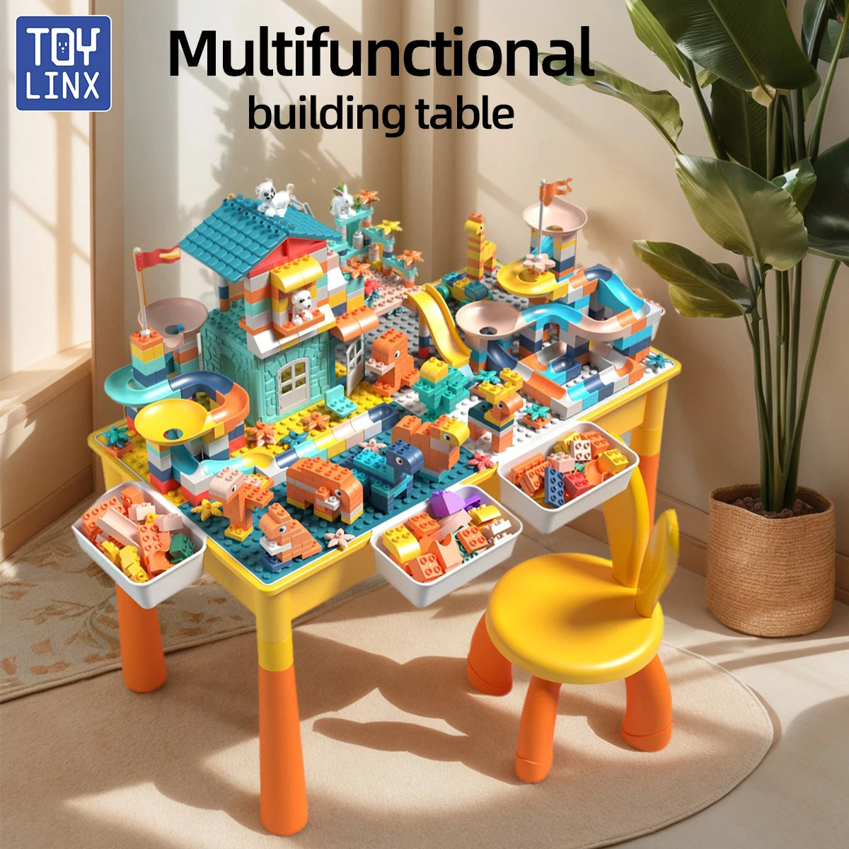 5-in-1 Kids Activity Table with Chair & 143pc Marble Run Building Blocks – Water Play, Sensory Table, STEM Learning Desk for Ages 3+