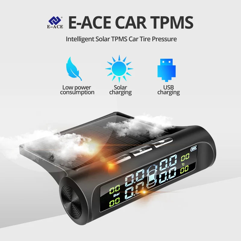Solar Wireless TPMS Smart Tire Pressure Monitoring System with 4 Sensors – Real-Time Safety Alerts, Auto-On, HD LCD Display