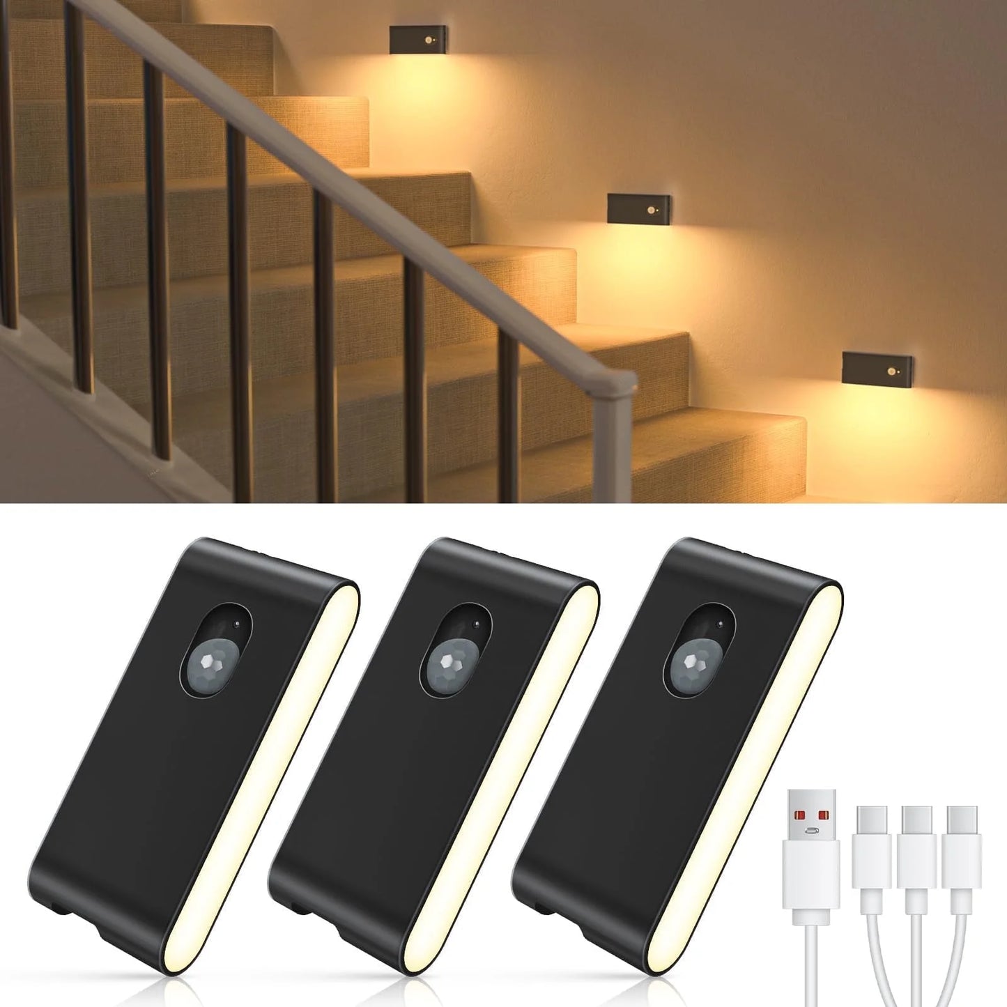 WILLED Rechargeable Motion Sensor Stair Lights (3 Pack) – Wireless Warm White LED Stick On Lights for Hallways, Stairs, Bathrooms, Bedrooms and More