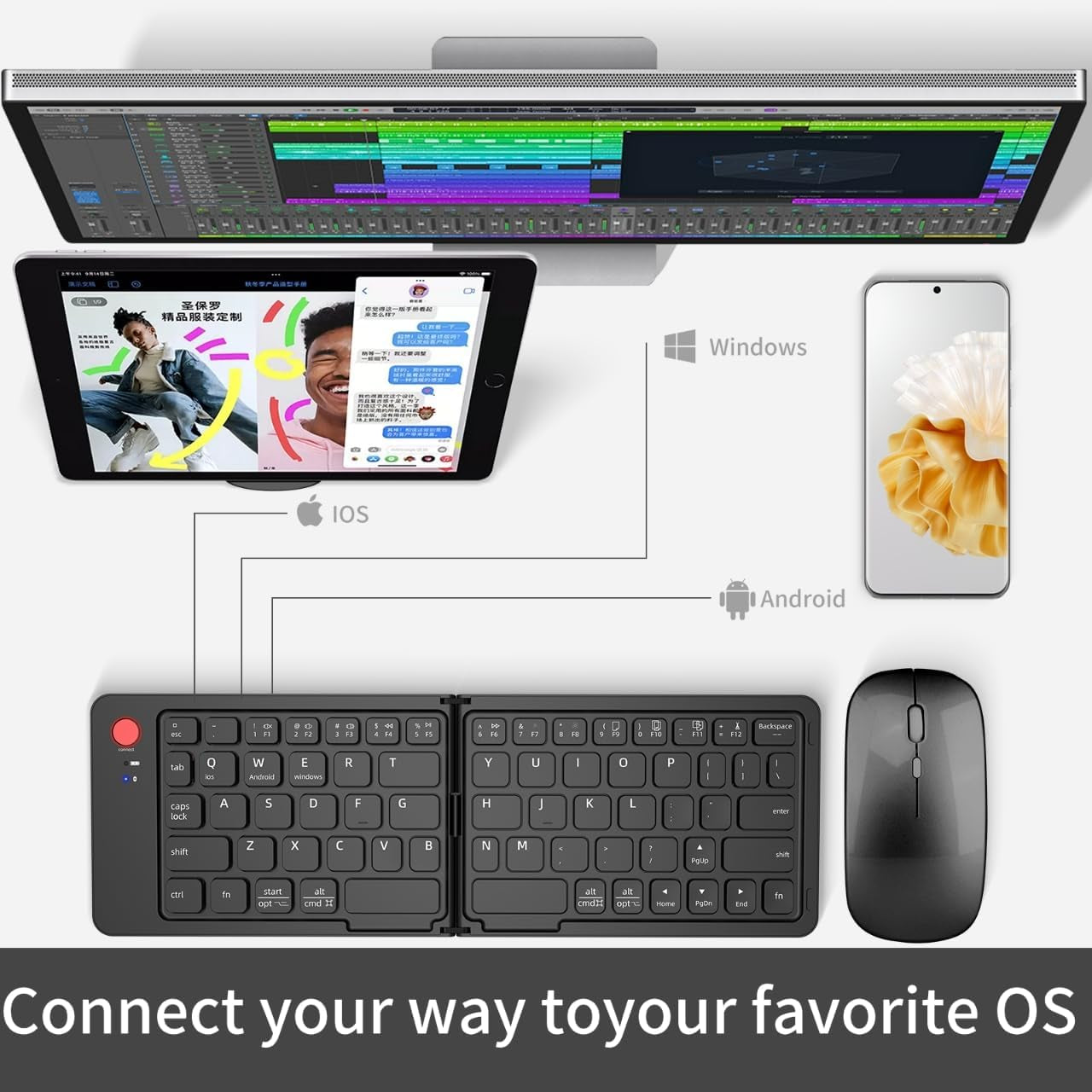 Wireless Foldable Bluetooth Keyboard and Mouse Combo for iPad and Smartphones | Portable Rechargeable Travel Set