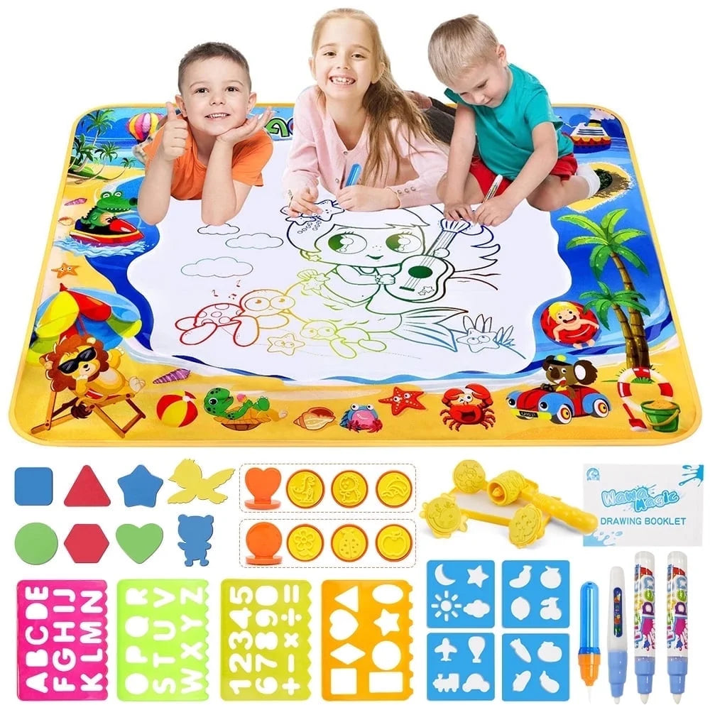 GPED Large Water Drawing Mat 40x32in – Reusable Aqua Magic Doodle Mat for Kids, Mess Free Learning Toy with Pens & Stencils – Educational Gift for Toddlers Ages 3-6  